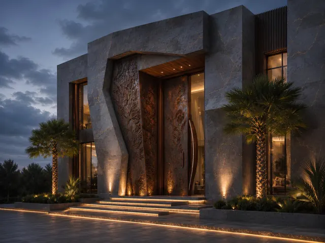 Gece aydınlatmalı modern villa cephesi, keşif aşaması